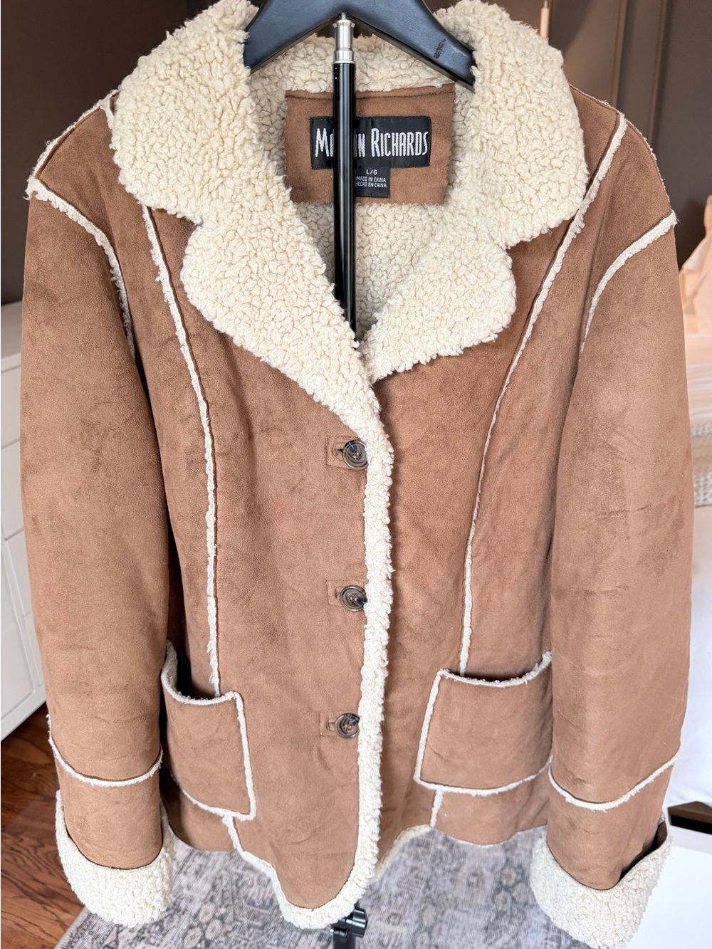Marvin Richards Faux Shearling Suede Coat Tan Sherpa Jacket Women’s Size L Y2K